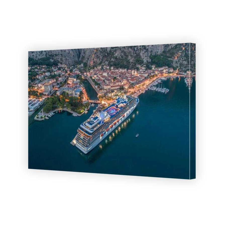 Aerial View Of Kotor old town with cruiser at night