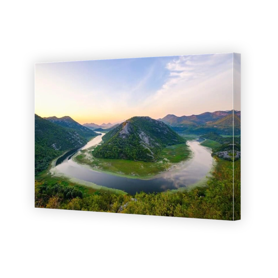 River bend of the river Rijeka Crnojevica at sunrise, view from the viewpoint Pavlova Strana, National Park Skutarisee