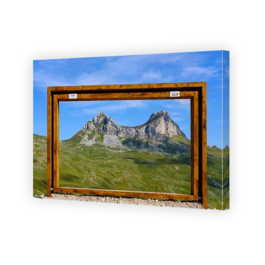 Wooden frame at viewpoint, Sedlo Mountain, Durmitor Massif, Durmitor National Park, Savnik Province, Montenegro