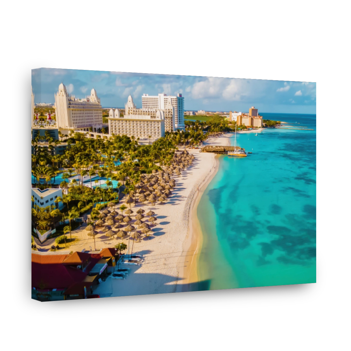 Palm beach Aruba Caribbean, white long sandy beach with palm trees at Aruba