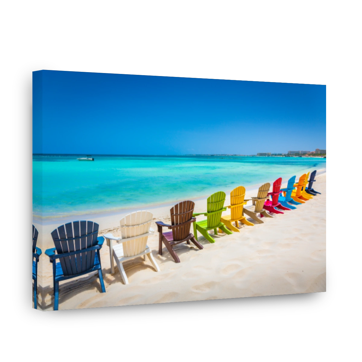 Idyllic beach with rustic adirondack chairs in Aruba, Dutch Antilles