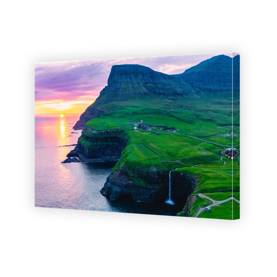 Gasadalur waterfal Atlantic Ocean Mulafossur and Gasadalur village Faroe Islands