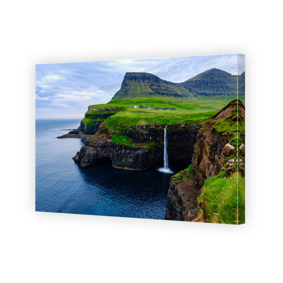 Gasadalur waterfal Atlantic Ocean Mulafossur and Gasadalur village Faroe Islands
