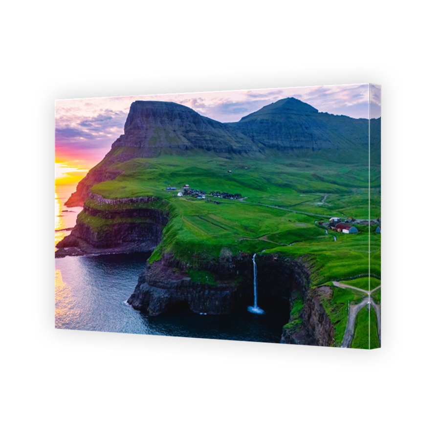 Gasadalur waterfal Atlantic Ocean Mulafossur and Gasadalur village Faroe Islands