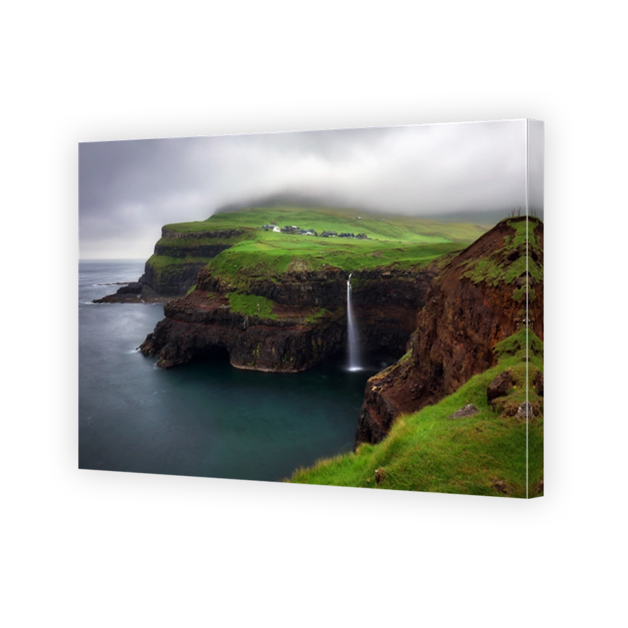 The iconic waterfall of mulafossur, gasadalur, vagar, faroe islands, denmark, northern europe, europe