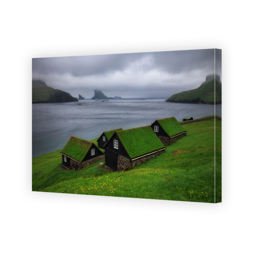 Bour village in Faroe islands - Ocean and mountain landscape