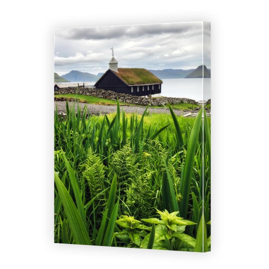 Grass roofed Church in the village of Funningur on the island of Eysturoy, Faroe Islands, Denmark
