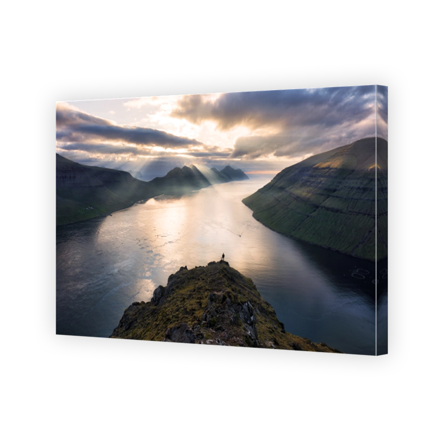 Superb sunset view from populat tourist attraction - Klakkur peak, Faroe Islands, Denmark, Europe. Unbelievable evening scene of Kalsoy island.