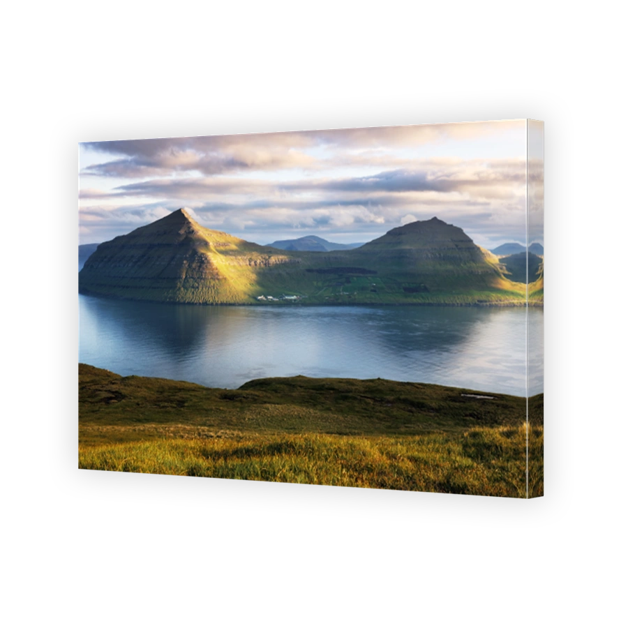 Faroe Islands, Denmark. Beauty of nature concept background. Landscape photography, Panoramic view from populat tourist attraction from Klakkur peak near Klaksvik city on Kalsoy island