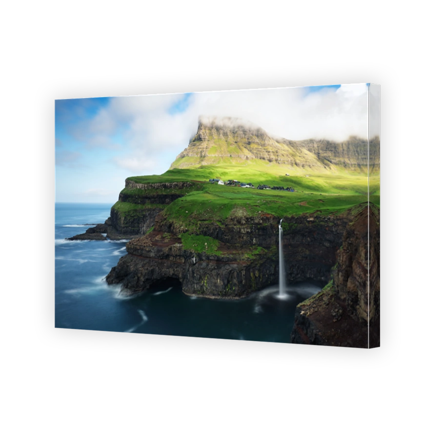 Faroe Islands, Denmark - Gasadalur village and Beautiful waterfall at day, Vagar.