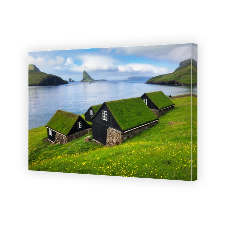 Bour village in Faroe islands - Ocean and mountain landscape