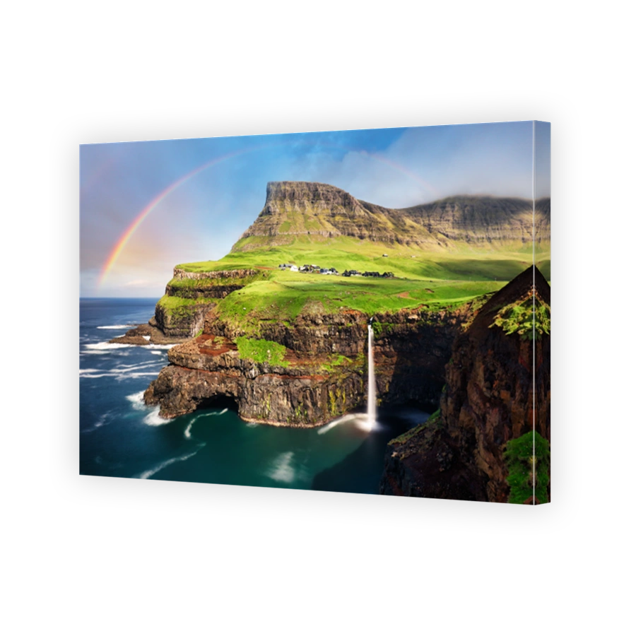 Faroe island landscape - waterfall with rainbow, Denmark