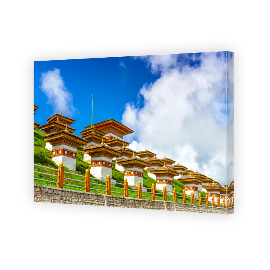 Dochula pass on a bright sky day, 108 memorial chortens or stupas known as Druk Wangyal Chortens, Thimphu city, Bhutan