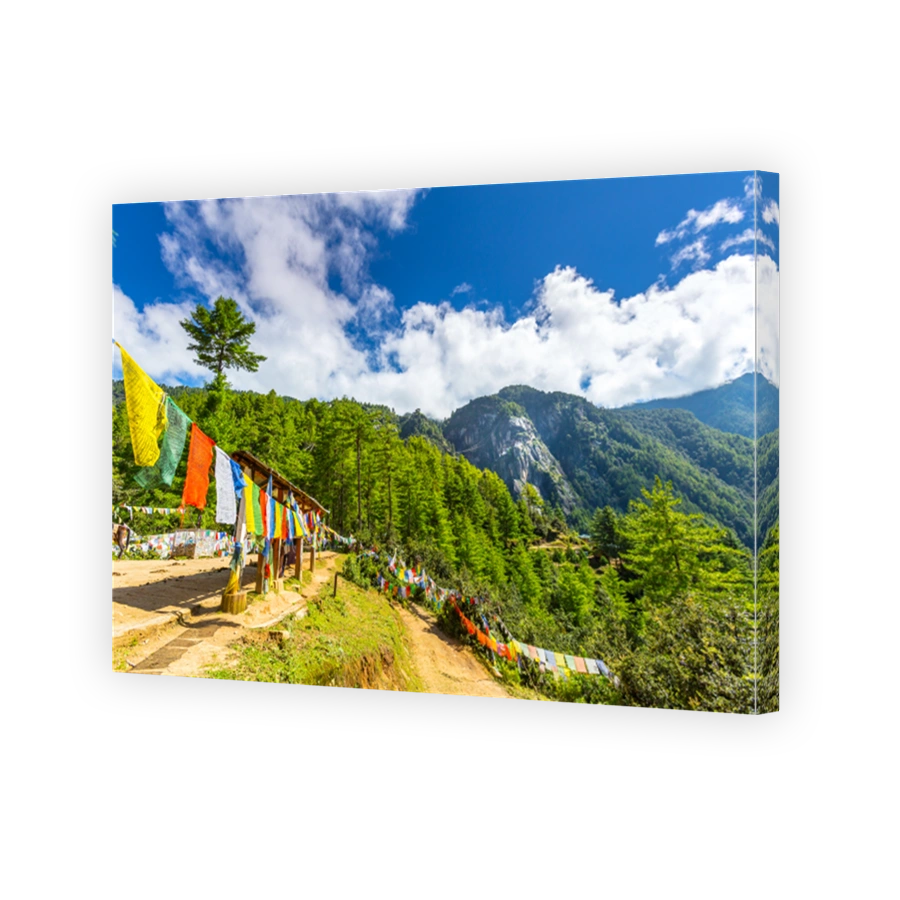A lot of colorful prayer flags on the walking tril to Tiger nest monastery on a bright sky sunny day, Taktshang Goemba in Bhutan