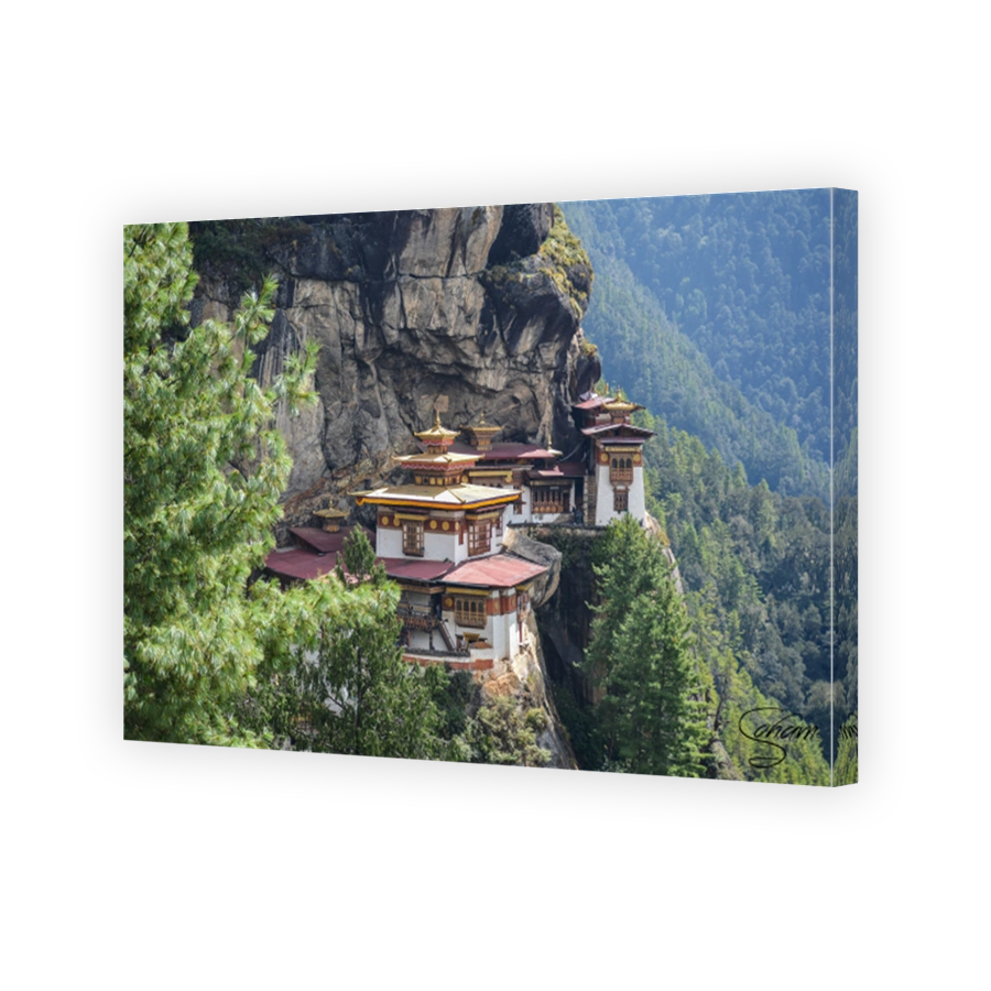 Aerial view of the beautiful Taktsang Palphug Monastery in Paro, Bhutan surrounded by greenery
