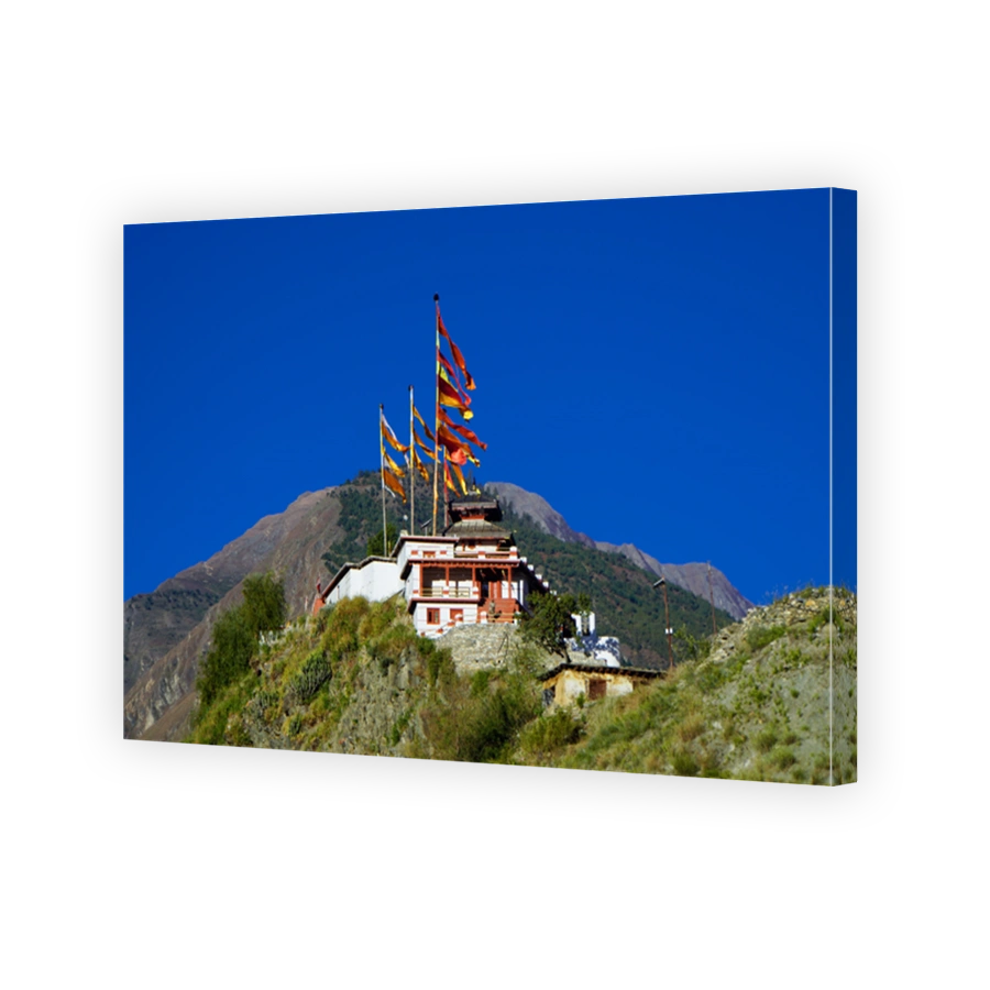 Low angle shot of the Paro Taktsang temple on a hill with a flag on top, in Bhutan
