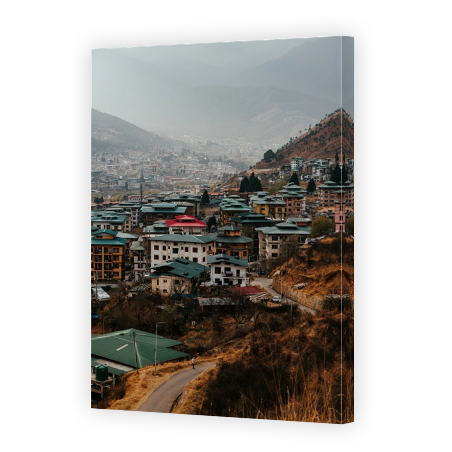 Aerial view of Paro, Bhutan showcasing dense urban residential buildings with green roofs