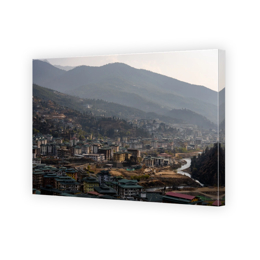 Aerial view of Paro, Bhutan showcasing dense urban residential buildings with green roofs