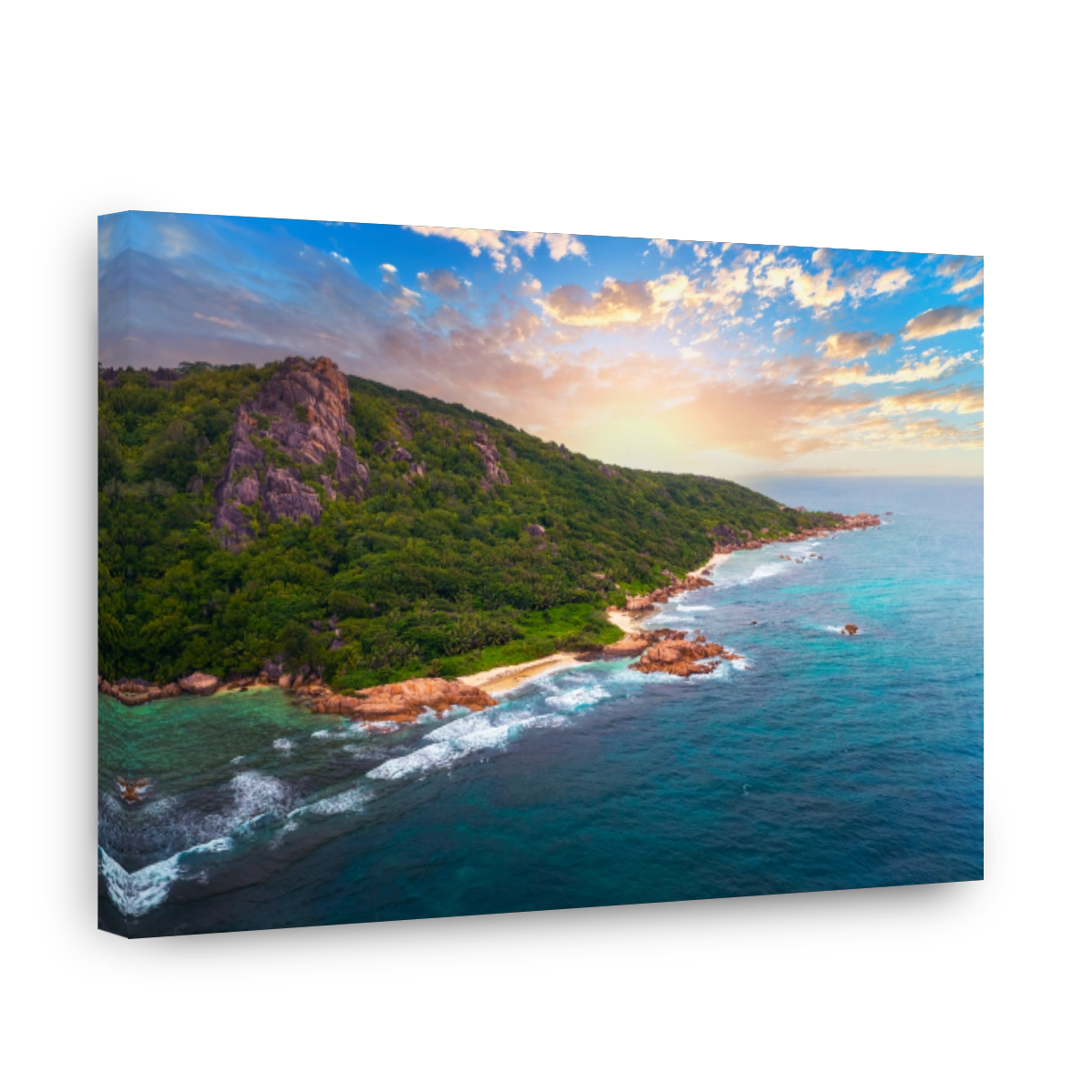 Aerial sunset view of Anse Source D'argent beach at La Digue Island, Seychelles