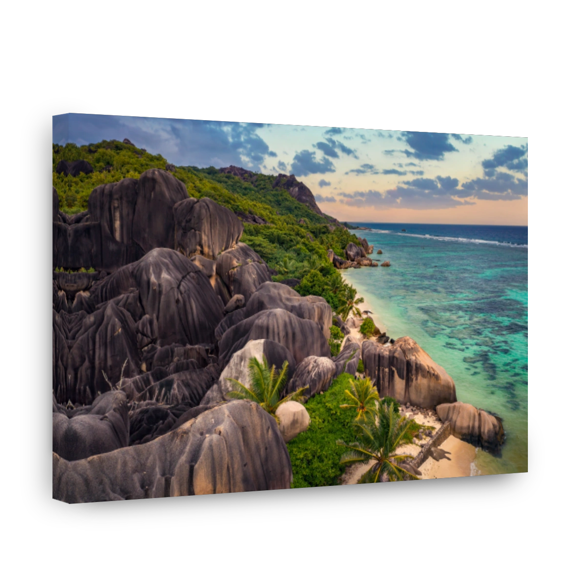 Aerial sunset view of Anse Source D'argent beach at La Digue Island, Seychelles