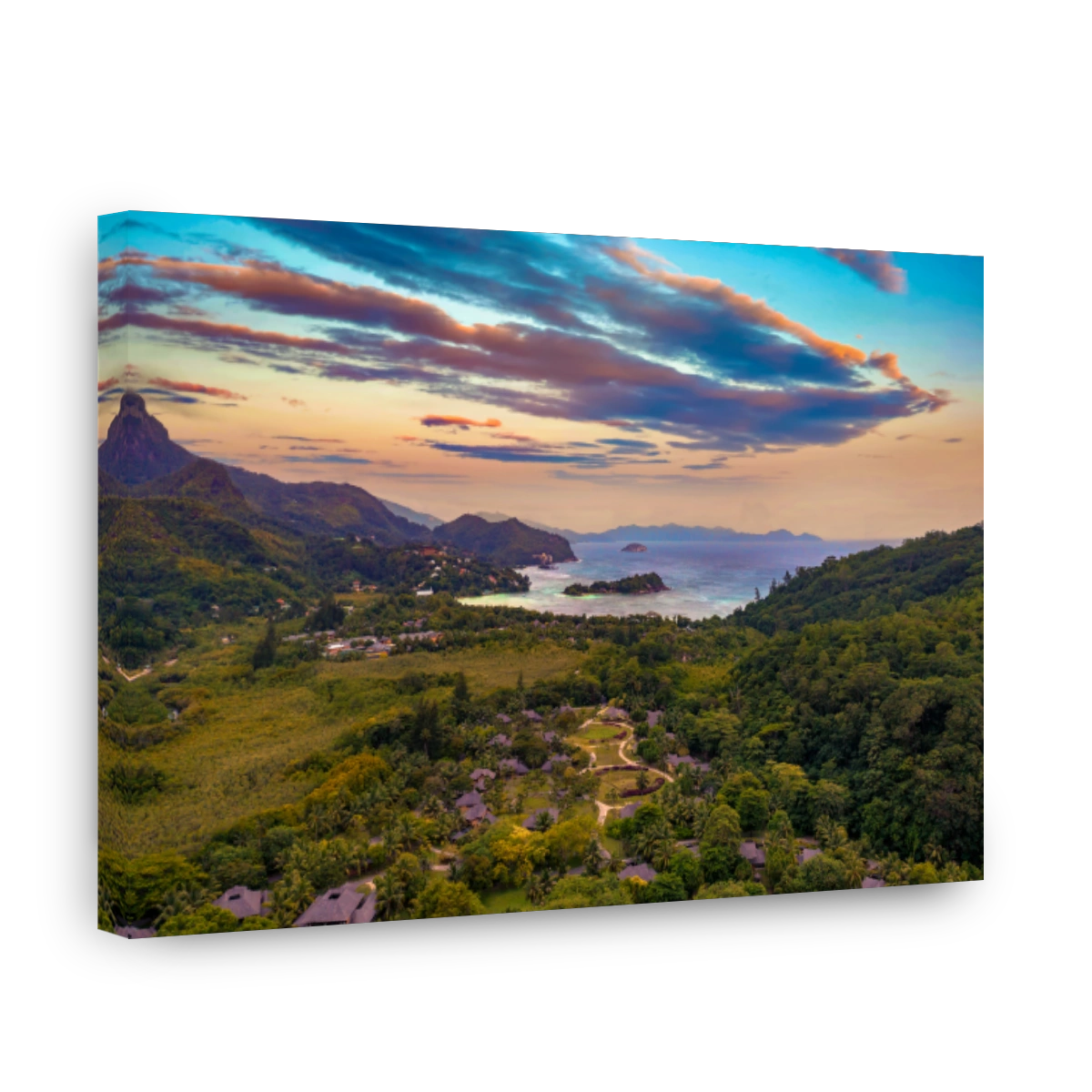 Aerial view of luxury villas on Mahe Island, Seychelles at sunset