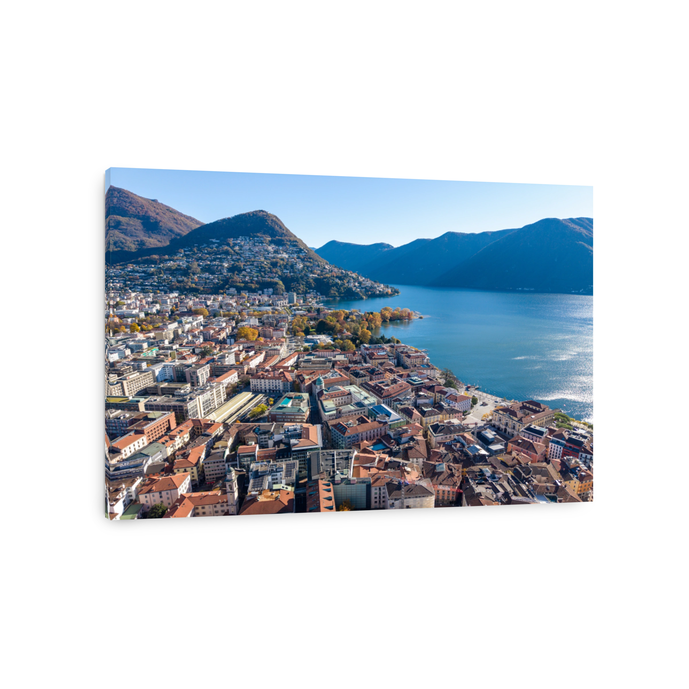 Aerial panoramic view of Lugano city skyline and Lake Lugano. Lugano, Canton of Ticino, Switzerland