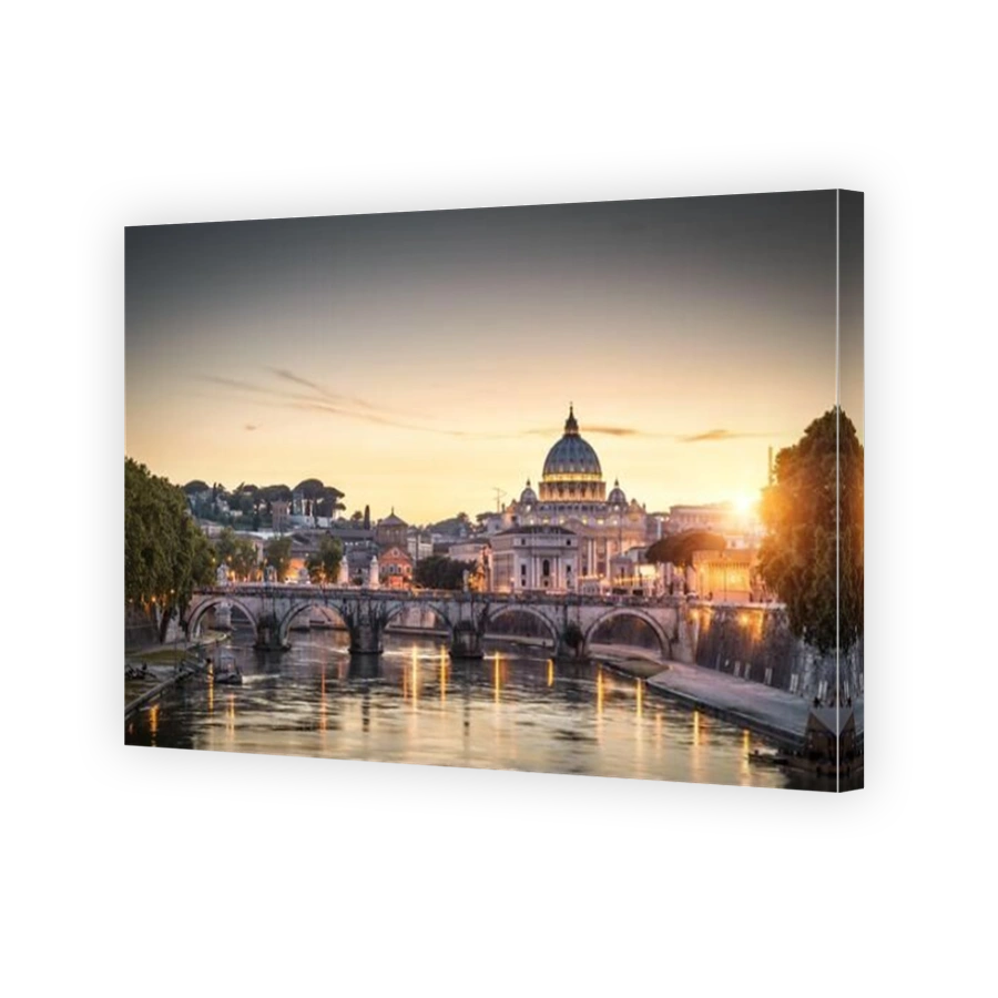 Rome at sunset Italy. Sant`Angelo bridge and St Peter's Basilica. Rome landmark. Saint Peter's Basilica (San Pietro) is one of main travel attractions