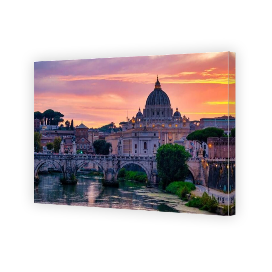 View from the Tiber on Ponte Sant'Angelo and Saint Peter's Basilica, Rome, Italy