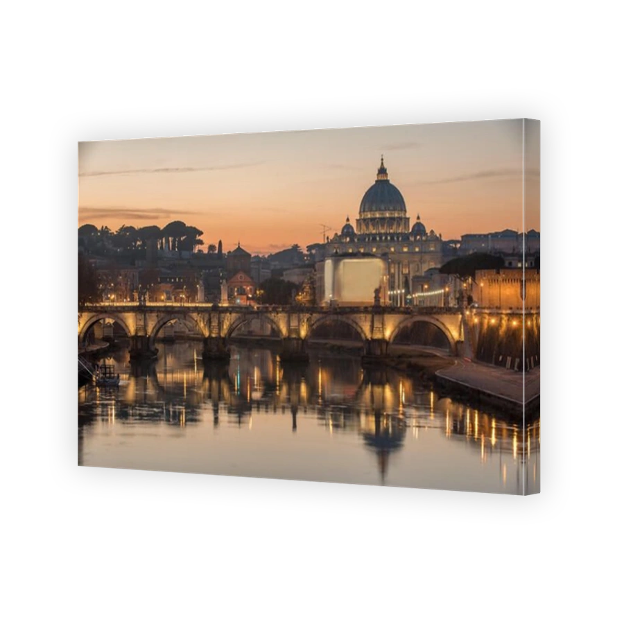 Rome, Italy: St. Peter's Basilica, Saint Angelo Bridge and Tiber River in the sunset