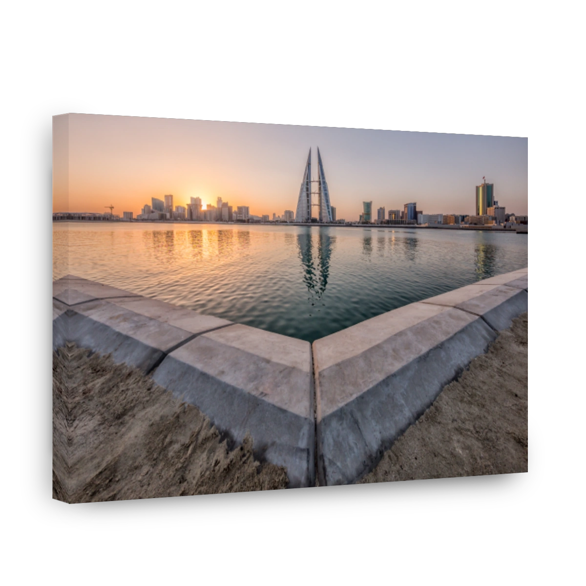 Pond In City Against Sky At Sunset