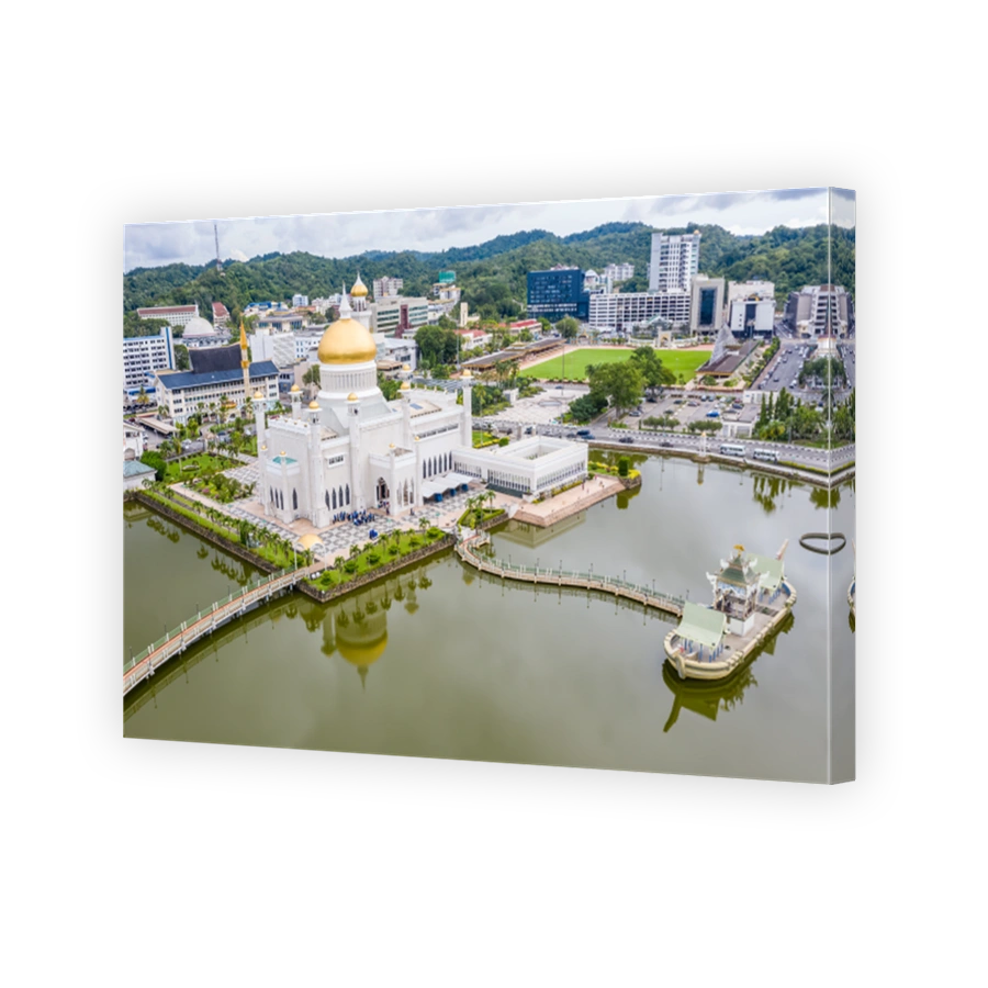 aerial view of mosque Sultan Omar Ali Saifuddin Mosque and royal barge at Brunei Darussalam