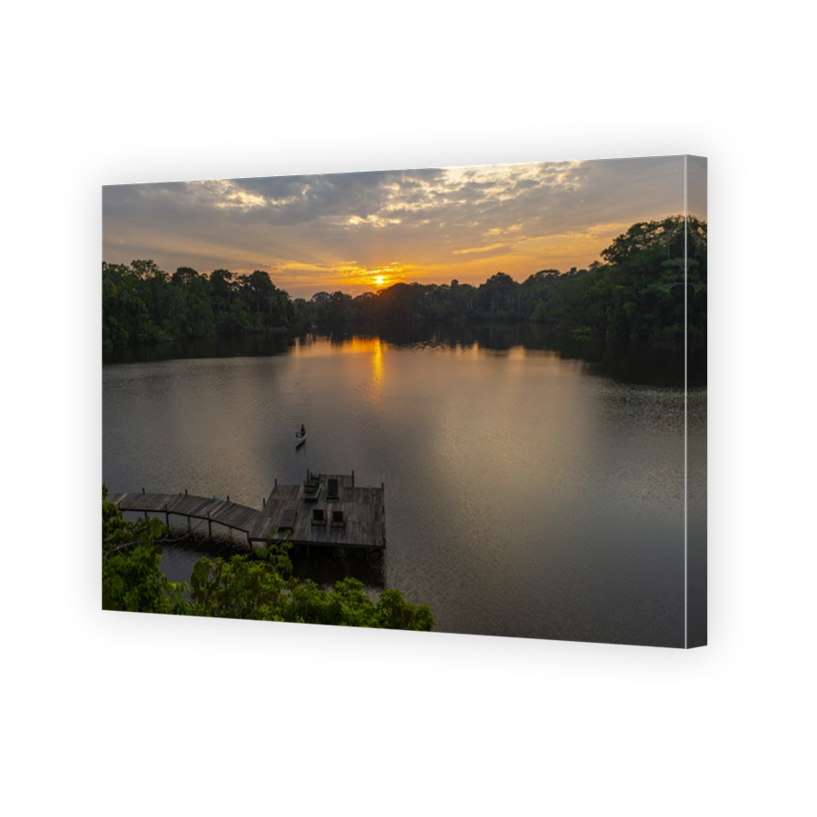Canoe at sunrise, Amazon rainforest, Ecuador