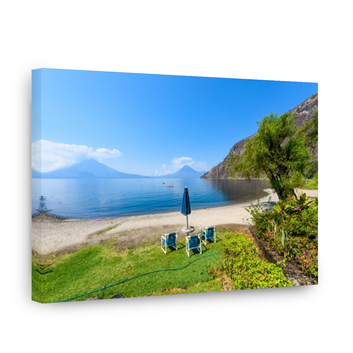 Paradise beach at lake Atitlan, Panajachel - Relaxing and recreation at beach with vulcano landscape scenery in the highlands of Guatemala