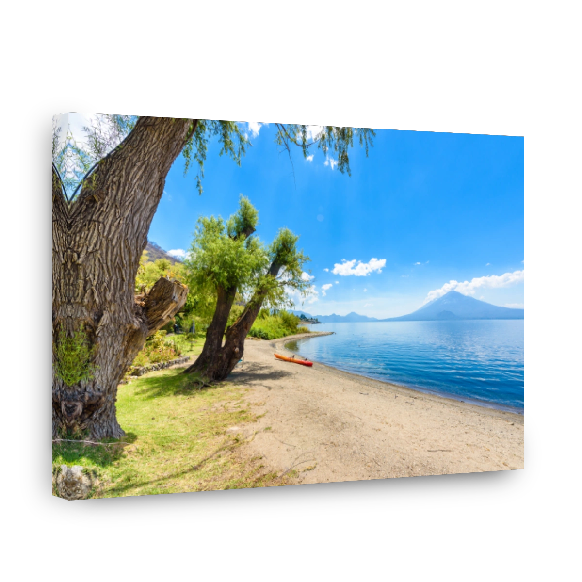 Paradise beach with chair and kayak at lake Atitlan, Panajachel - Relaxing and recreation at beach with vulcano landscape scenery in the highlands of Guatemala