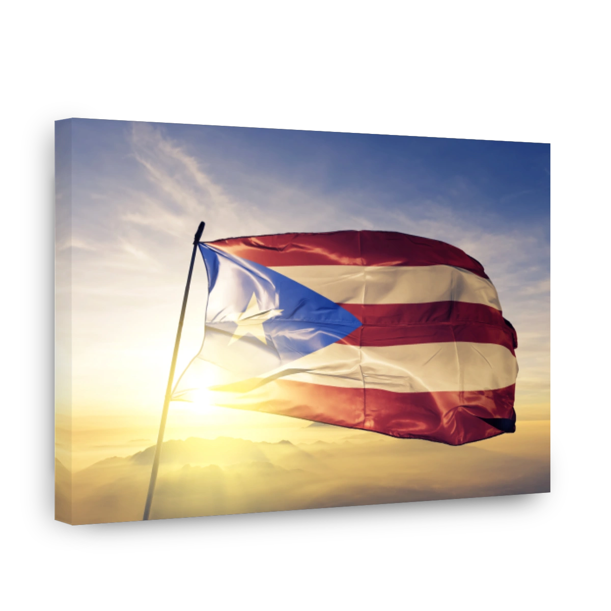 Puerto Rico Rican flag textile cloth fabric waving on the top sunrise mist fog
