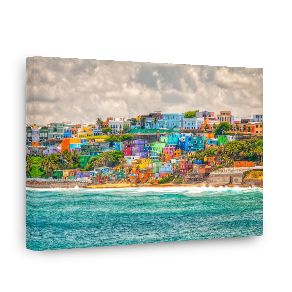 Colorful house stacked on a hill over looking the ocean in Puerto Rico