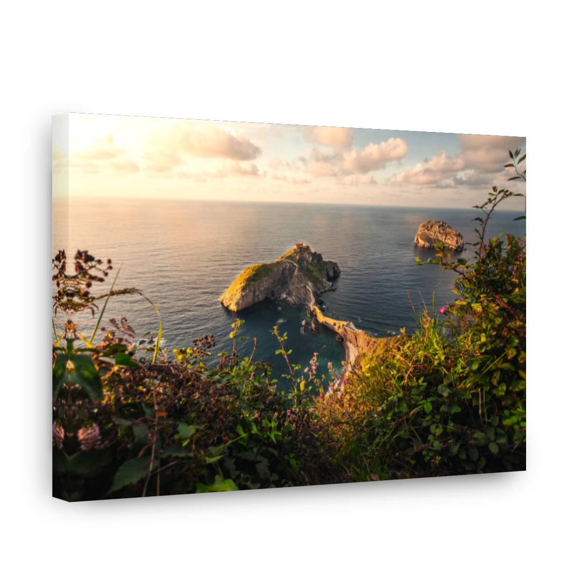 High view from the fmous Gaztelugatxe rock next to Bermeo and Bakio at Bizkaia, the Basque Country.