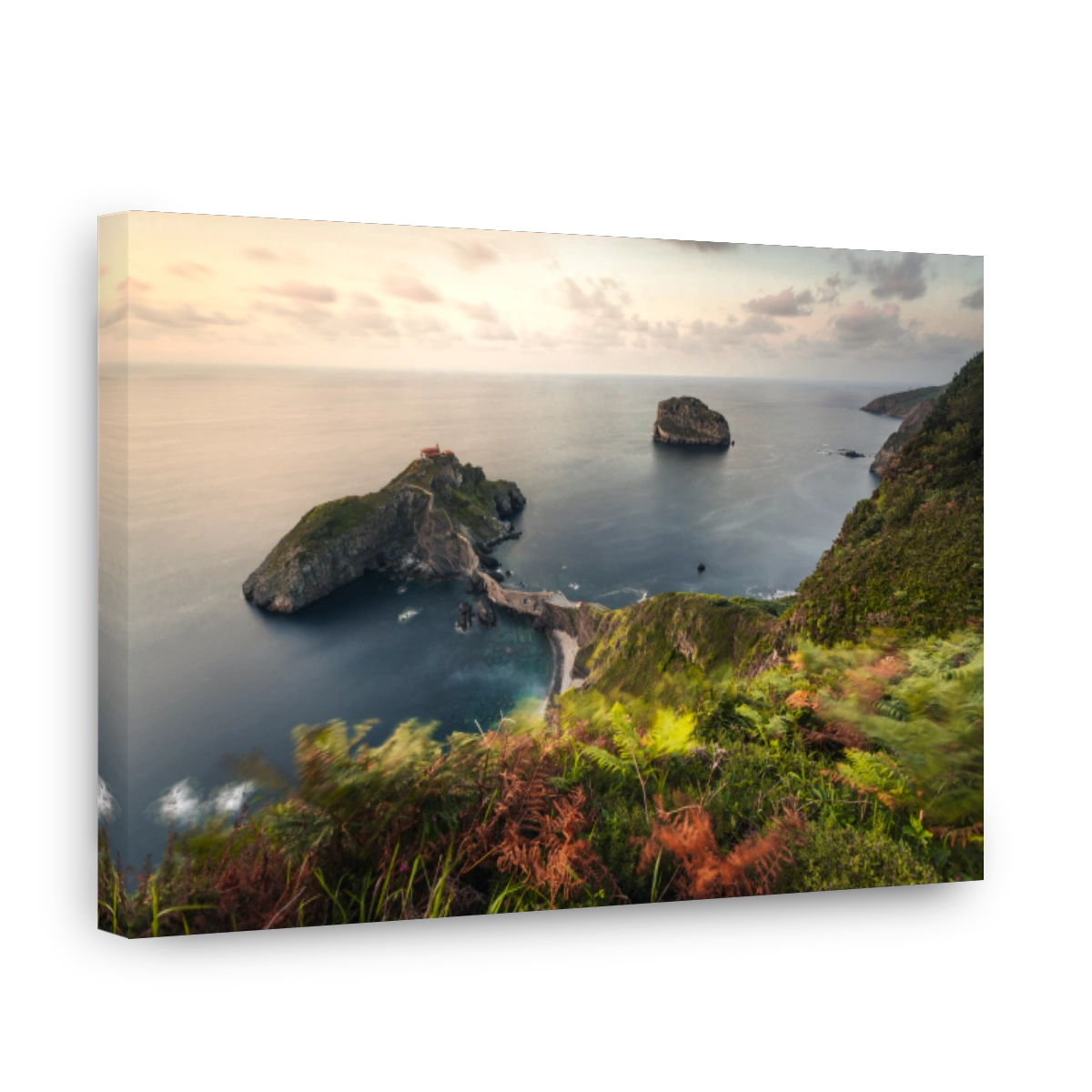 High view from the fmous Gaztelugatxe rock next to Bermeo and Bakio at Bizkaia, the Basque Country.