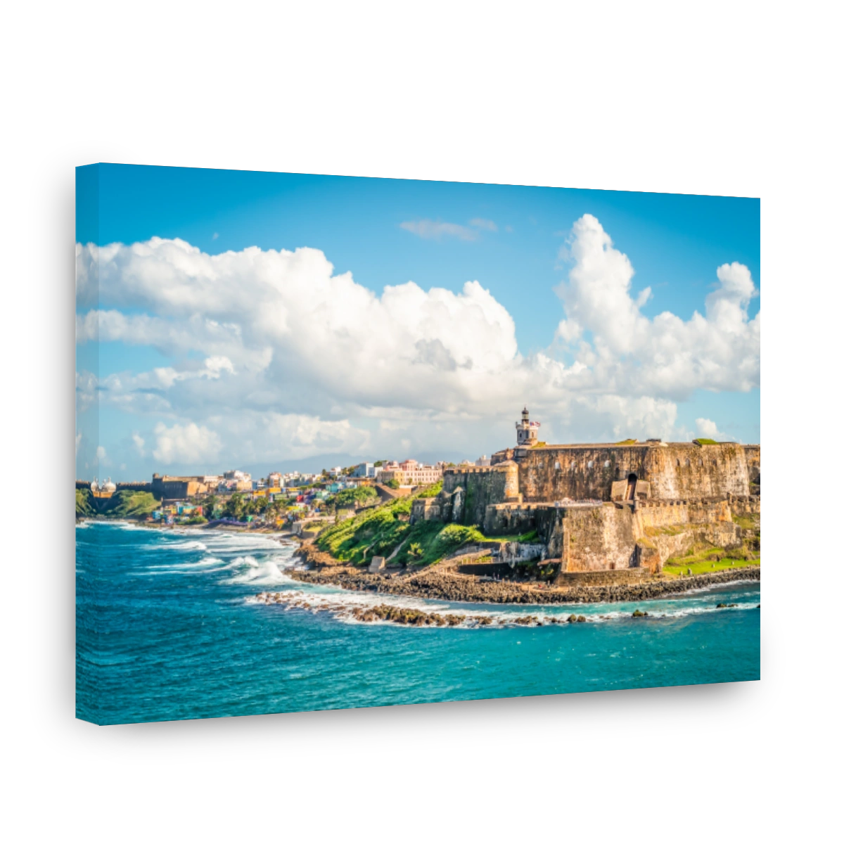 Panoramic landscape of historical castle El Morro along the coastline, San Juan, Puerto Rico.