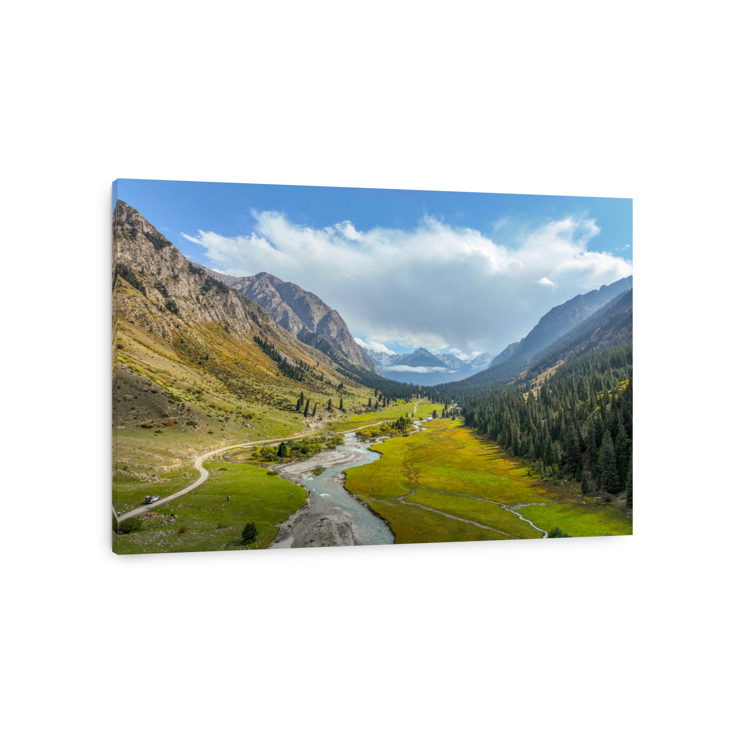 Picturesque mountain valley with a river and green meadows