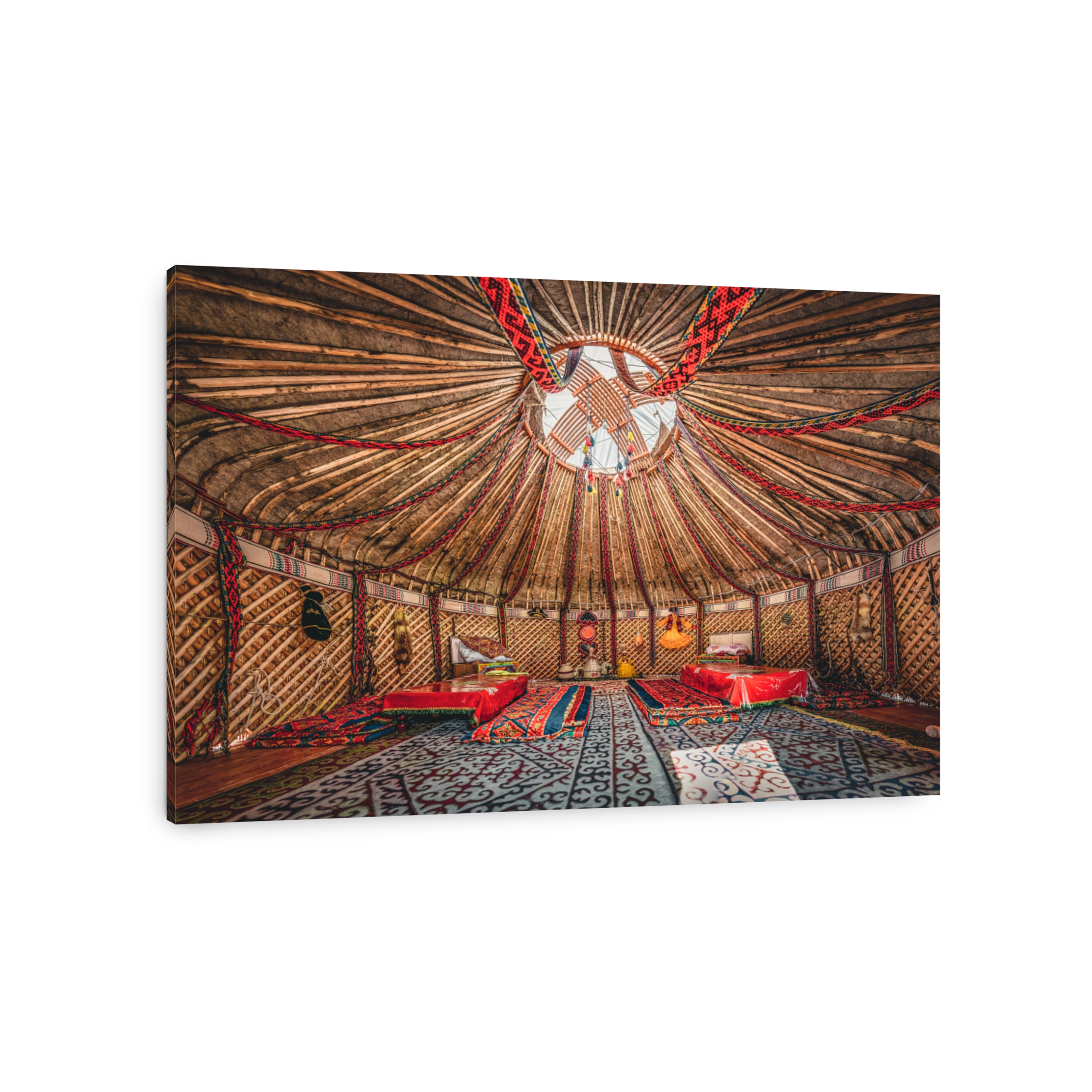 National traditional decoration of the yurt ceiling. Kazakhstani ornament. Vintage weaving of patterns. Yurt decoration. Wooden frame with patterns as an ethnic background, golden horde, Kazakhstan