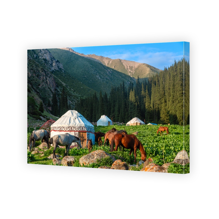 Kyrgyzstan iconic picture. Traditional Kyrgyz yurts with horses in a scenic mountains landscape. Altyn Arashan valley, Karakol city. Nomadic traditions.