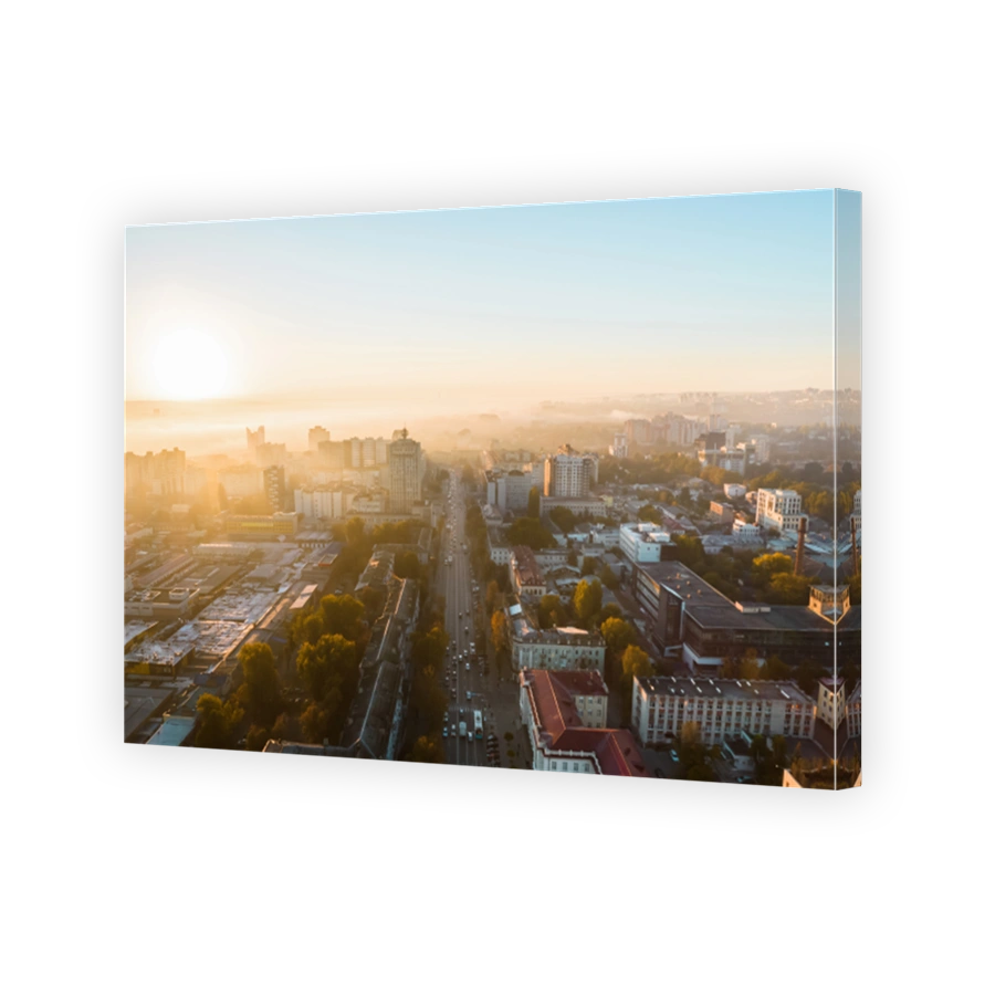 Aerial drone view of Chisinau at sunrise, Moldova