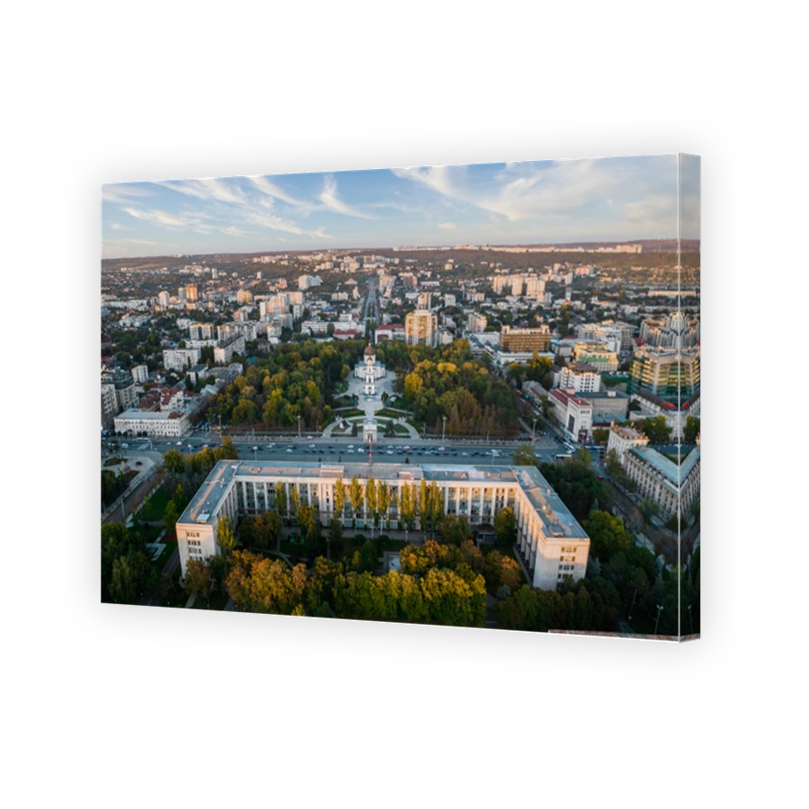 Aerial drone view of Chisinau downtown at sunset, Moldova