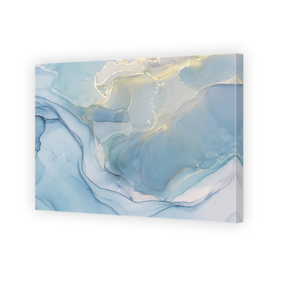 Abstract alcohol ink painting texture in blue azure tones with golden splashes