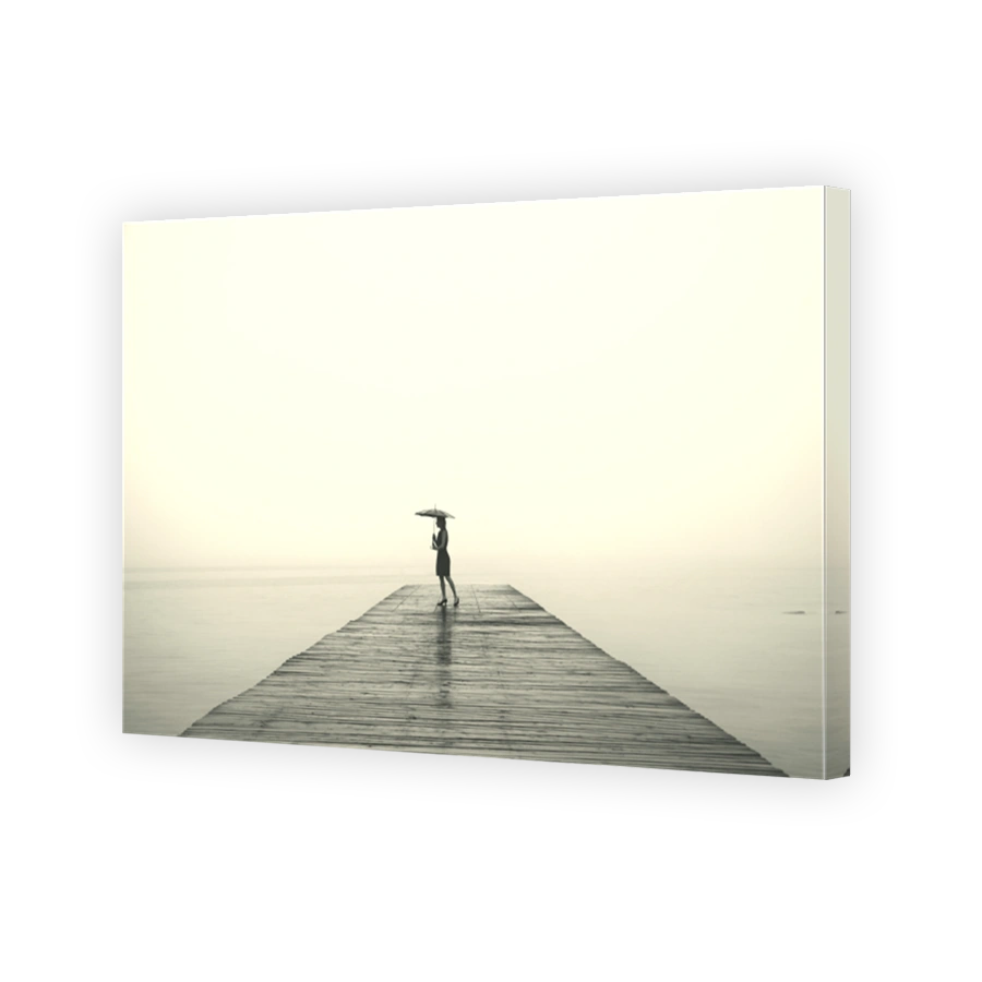 woman with black umbrella looking infinity in a surreal place