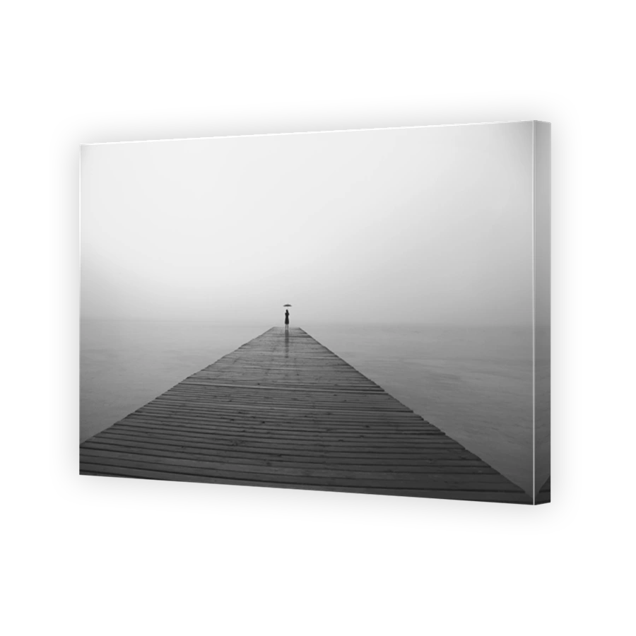 woman with black umbrella looking infinity in a surreal place