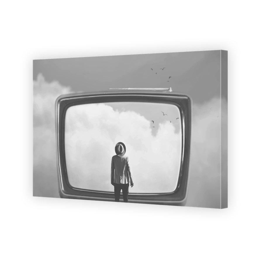 man looking at the sky imprisoned in a surreal tv, abstract concept