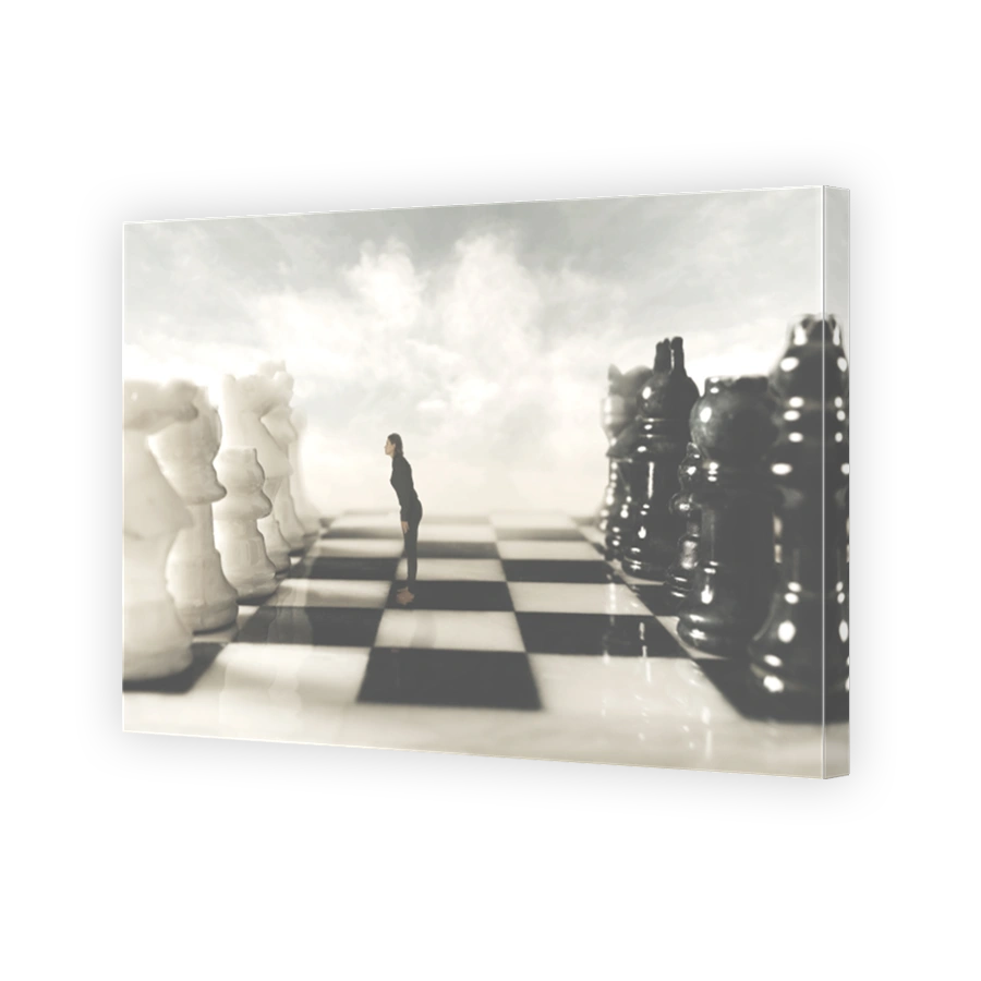 surreal photo of a black woman who challenges her white rival in the chessboard