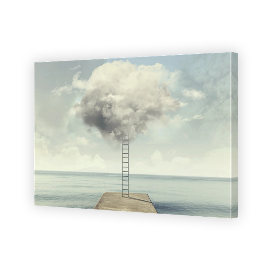 surreal ladder rises up into the sky in a silent sea landscape